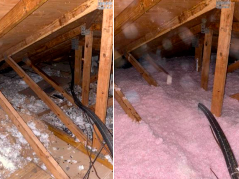 before and after of pink blown insulation in attic